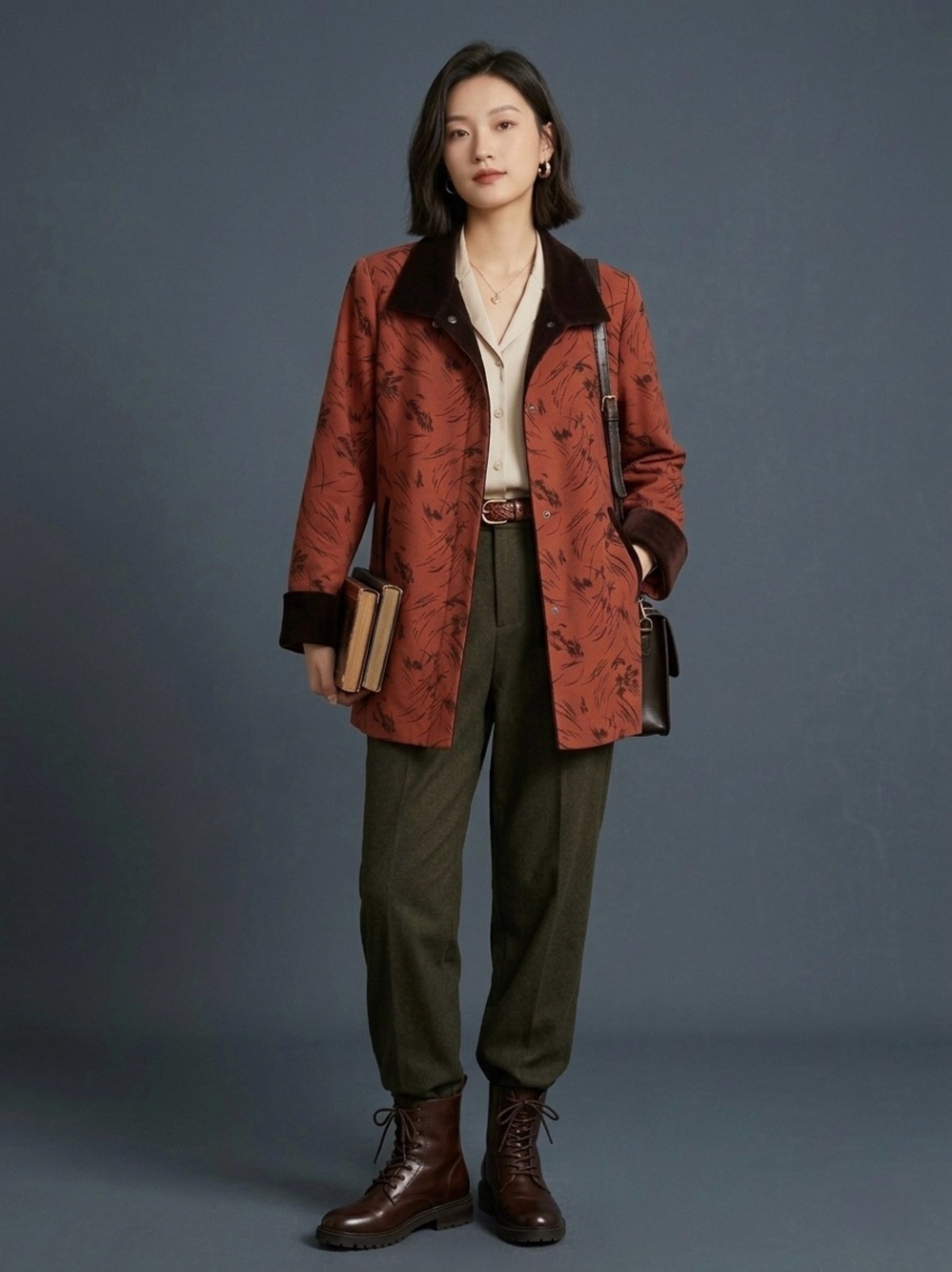 Vintage 80s Jintai Abstract Flocked Rust Red Jacket Velvet Trim Coat Size XL